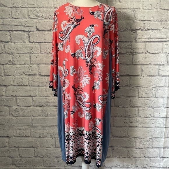 STUDIO One 3/4 Bell Sleeves Paisley Print Shift Crew Neck Midi Dress Size Medium - Picture 2 of 11